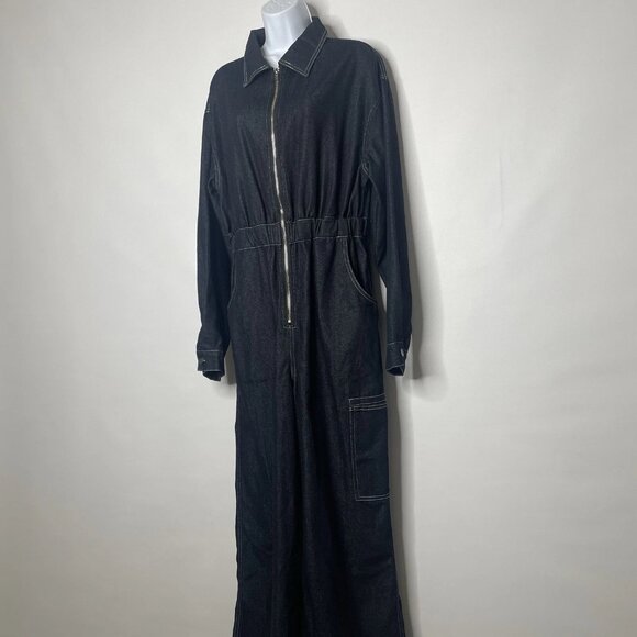 Oyrosy Retro Wide Leg Denim Jumpsuit Size M Dark Wash Black Zip Front Utility - Picture 8 of 9